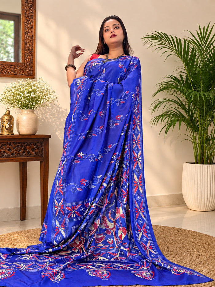 Blue Blended Bangalore Silk Kantha Saree