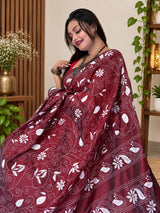 Deep Maroon Blended Bangalore Silk Kantha Saree
