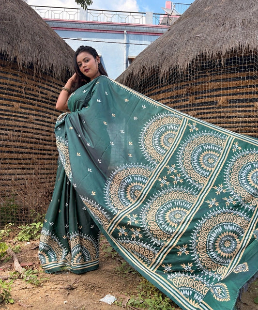 Green Blended Bangalore Silk Kantha Saree With Blouse Pic