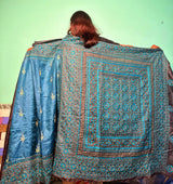 Teal Blue Kantha Silk Saree with Floral Motifs